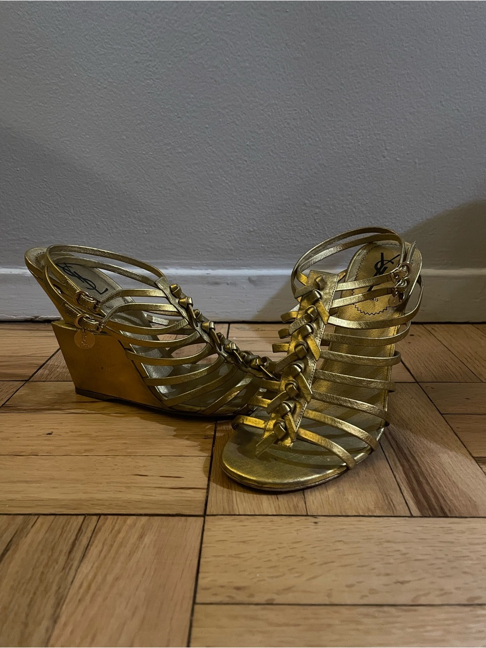 YSL Gold Strappy Wedge Sandals